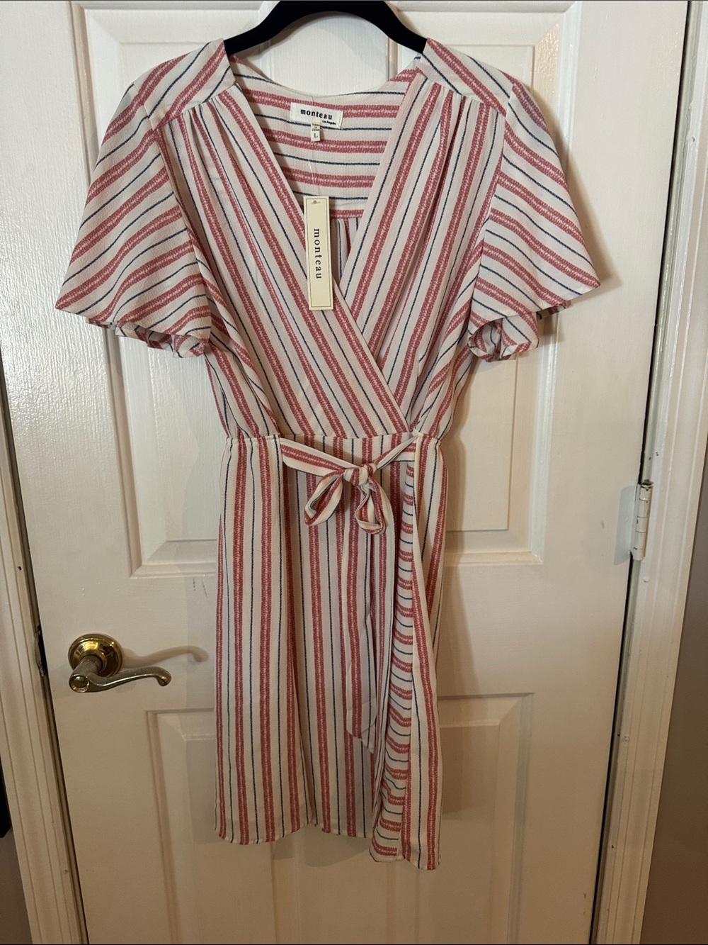 NWT Monteau White and coral Striped Wrap Midi Dress